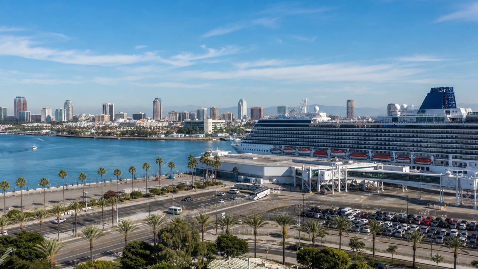 Full-size unbranded cruise ship at a Southern California terminal with proportionate buildings and vehicles
