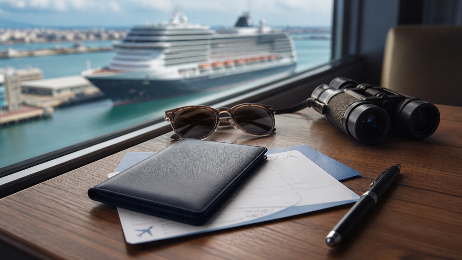 Blank travel documents, binoculars and sunglasses prepared beside a cruise harbor window