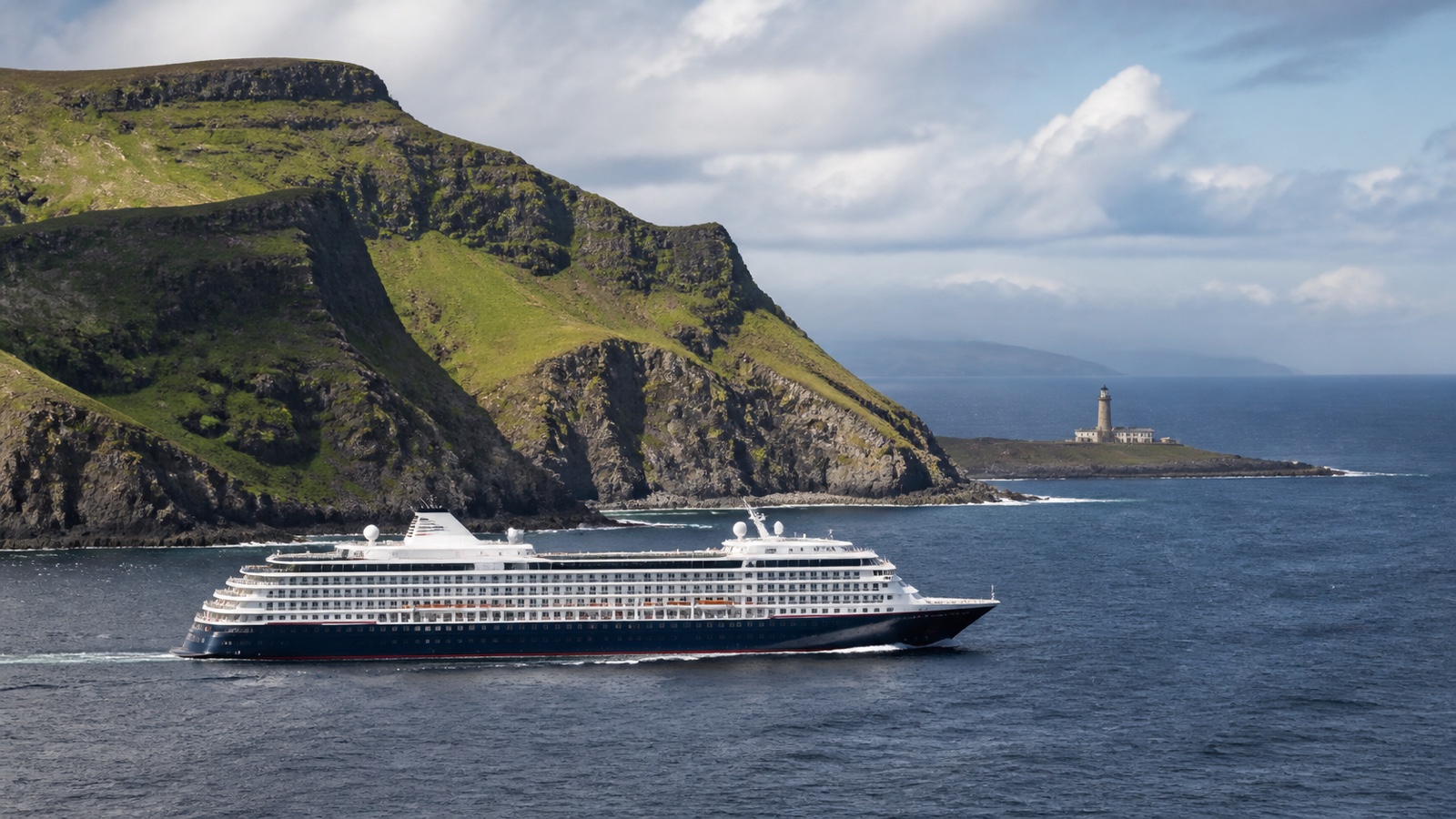 Unbranded cruise ship off a rugged British Isles coastline