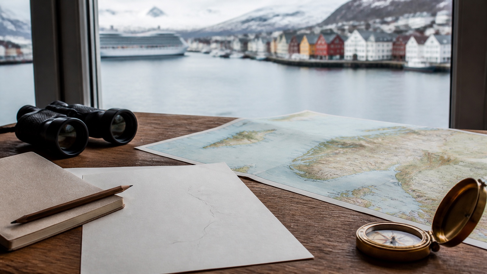 Northern Europe cruise planning materials beside a cool coastal view