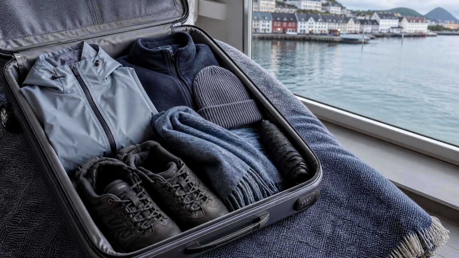Label-free layered clothing packed for a Northern Europe cruise