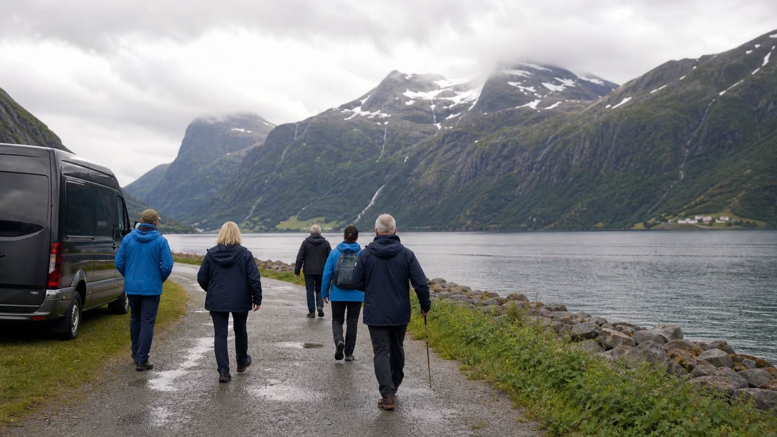 Travelers beginning a Northern Europe shore excursion beside a fjord