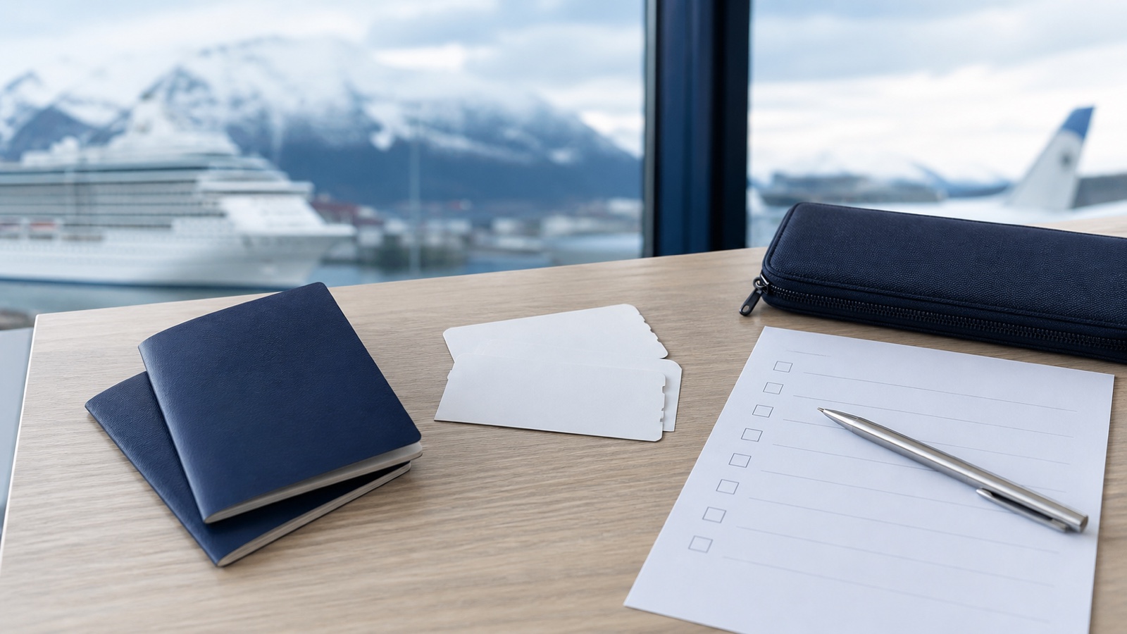 Blank travel documents and checklist prepared for a Northern Europe cruise