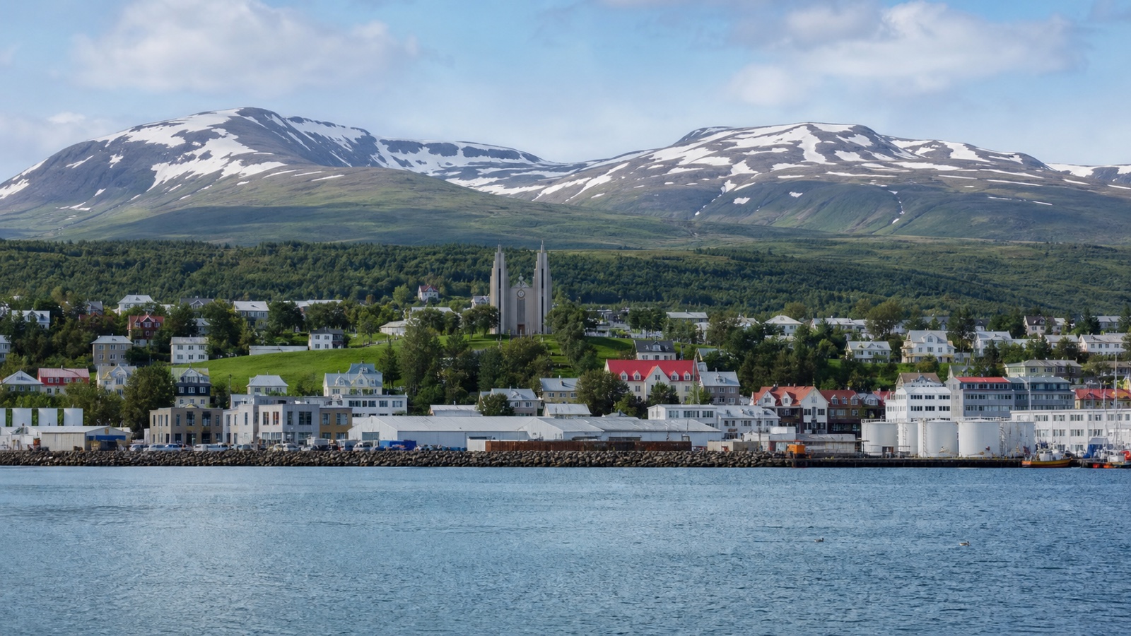 Akureyri cruise harbor beneath mountains at the head of Eyjafjörður
