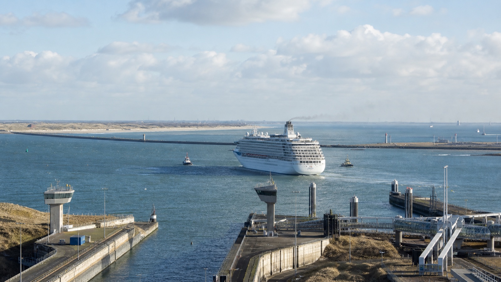 IJmuiden cruise harbor and North Sea approach with an unbranded ship