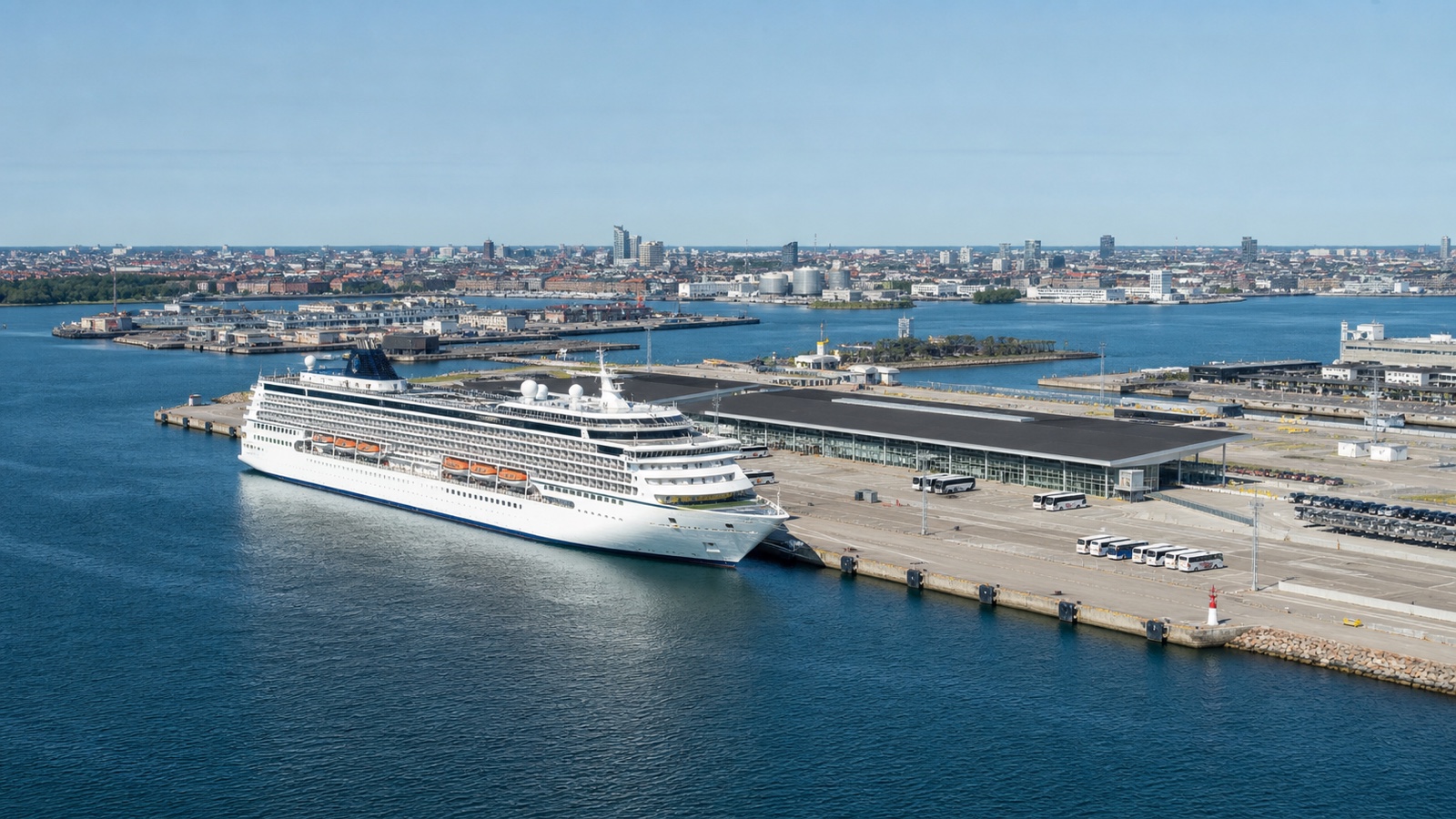 Copenhagen cruise waterfront with an unbranded ship and city skyline