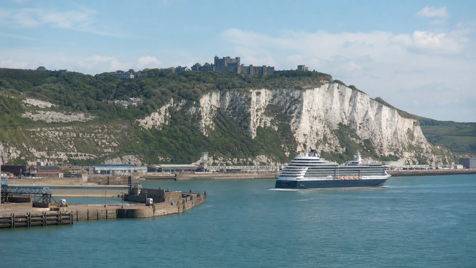 Dover cruise harbor beneath the White Cliffs with an unbranded ship