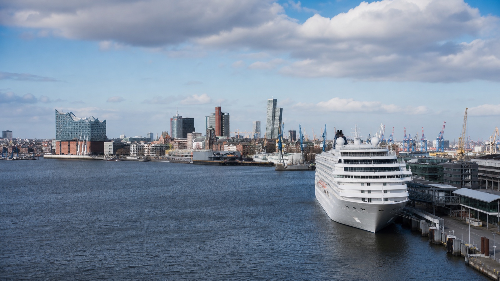 Hamburg cruise terminal on the Elbe with an unbranded ship