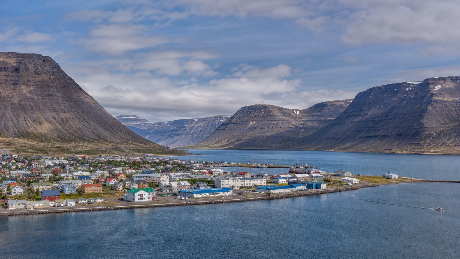 Ísafjörður cruise harbor enclosed by steep Westfjords mountains