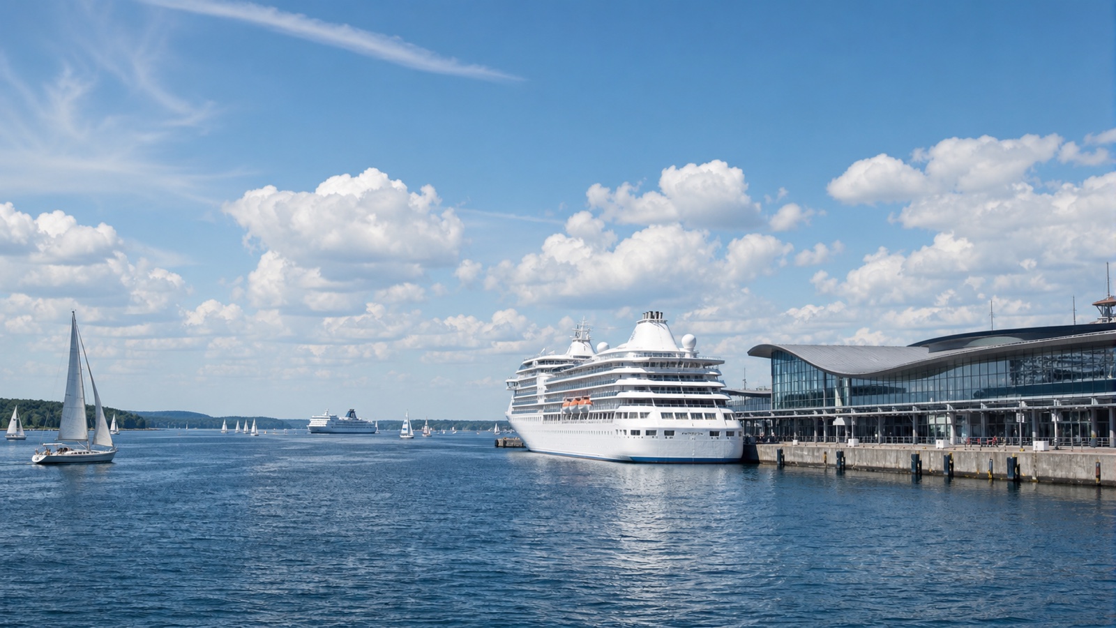 Kiel cruise terminal and harbor with an unbranded ship