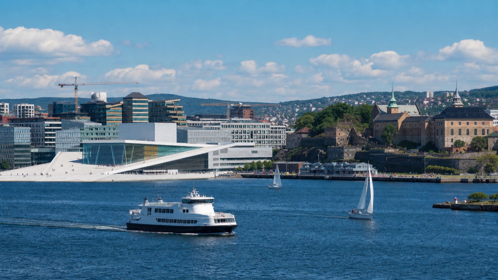 Oslo cruise waterfront and city landmarks beneath northern light