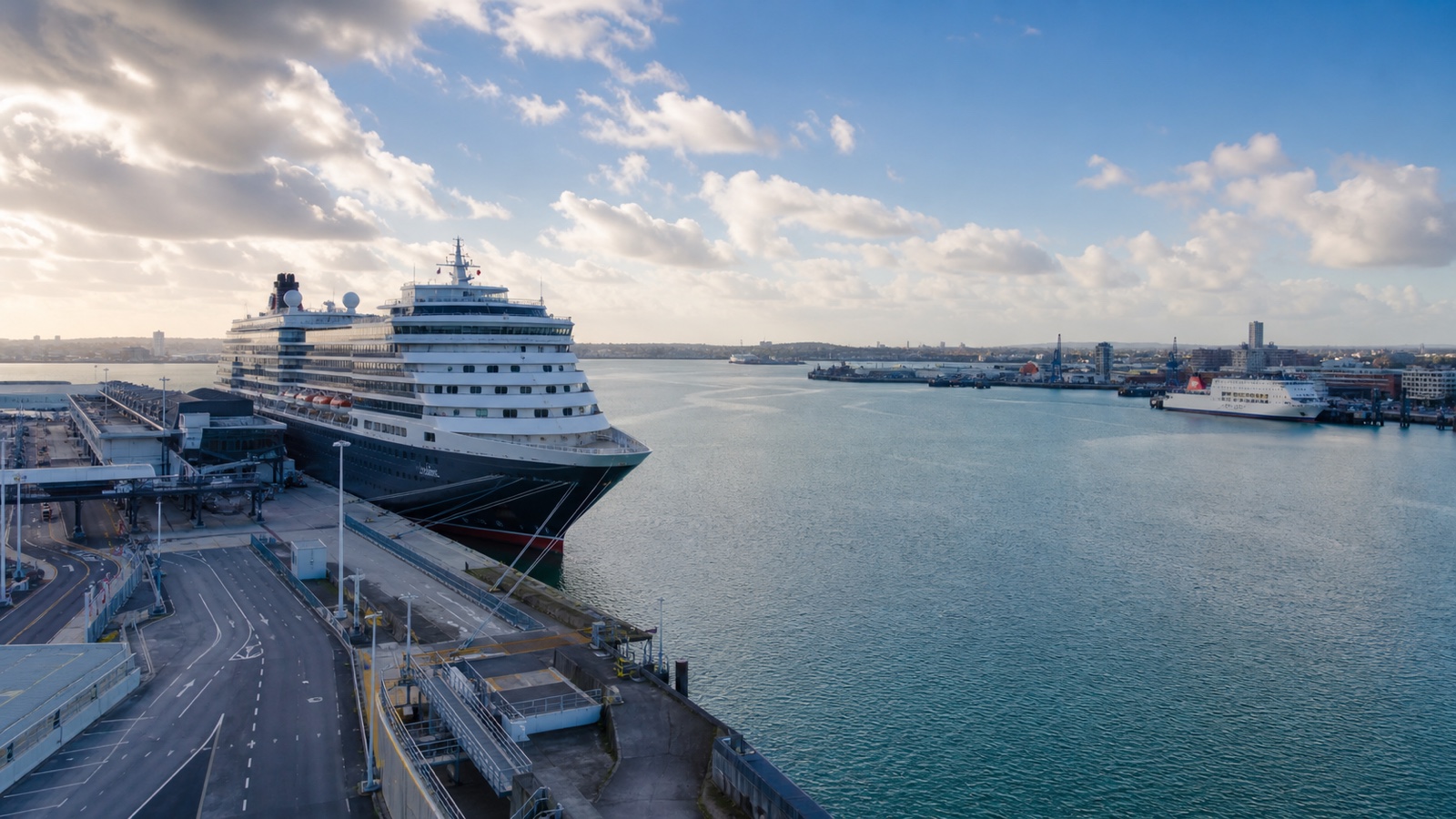 Southampton cruise terminals and waterfront with an unbranded ship