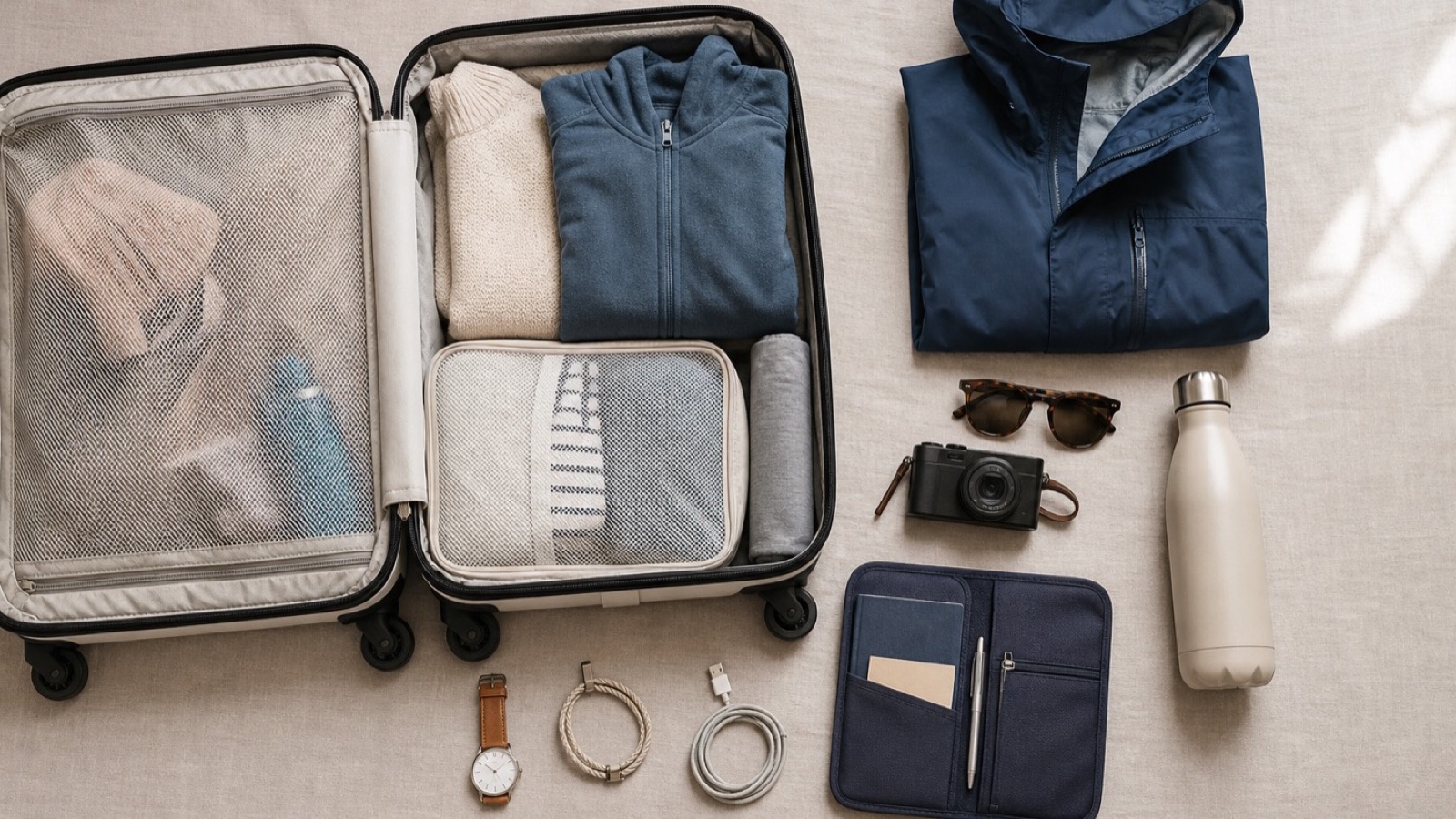 Layered clothing and practical cruise gear arranged for a voyage