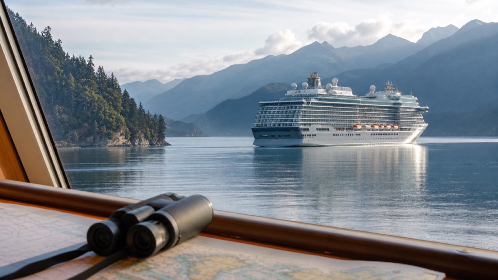 Cruise planning materials beside binoculars and a coastal passage