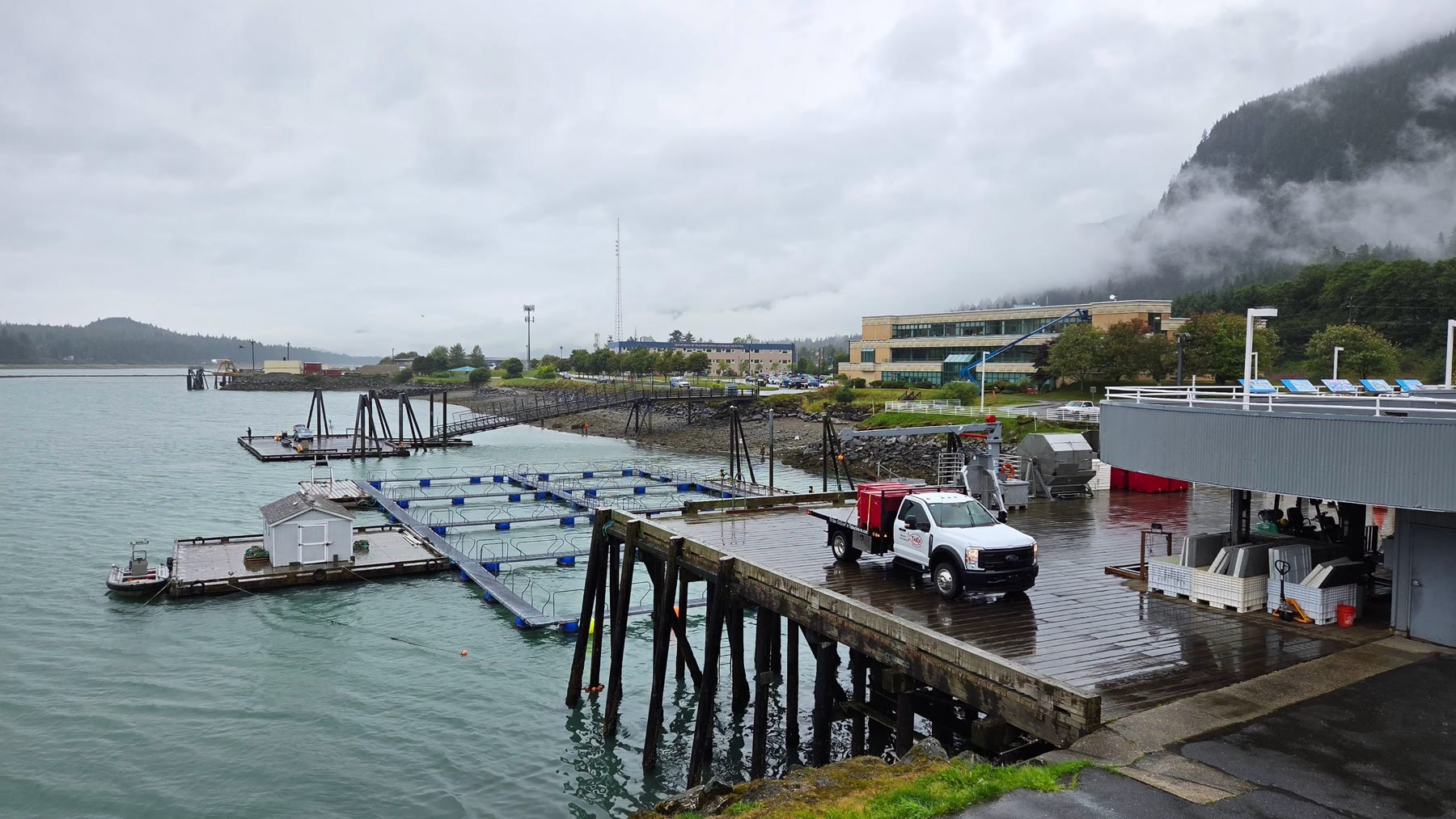 Wet docks and shoreline facilities at the Macaulay Salmon Hatchery in Juneau