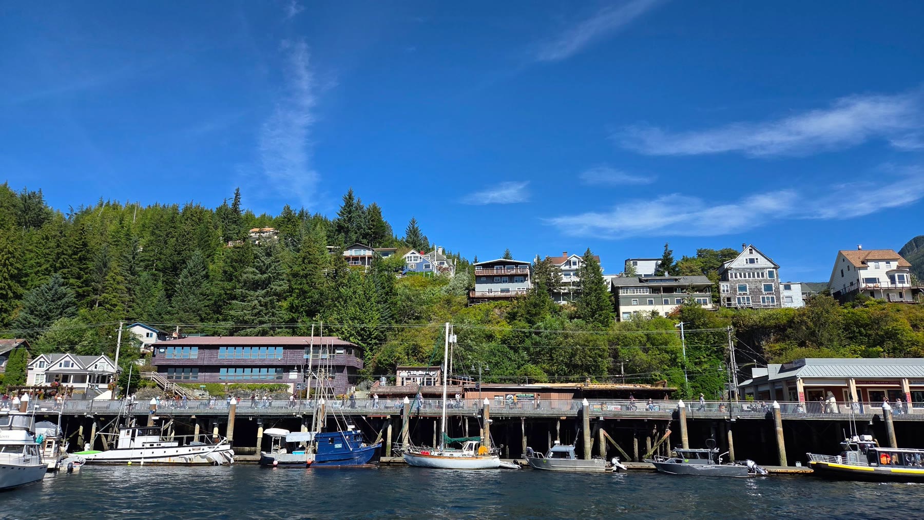 Boats along the Juneau waterfront below hillside homes in bright weather