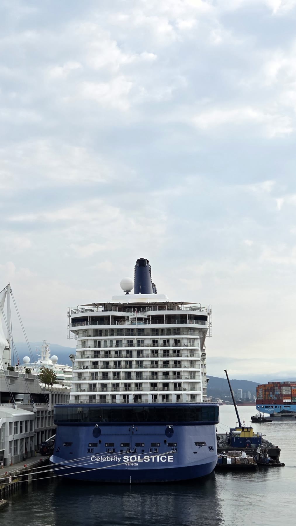 The stern of Celebrity Solstice seen at Vancouver after disembarkation